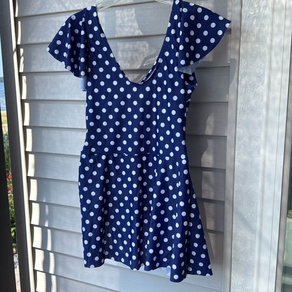 SALE! Blue Polka Dot Wrap Bathing Suit. Size L - Picture 3 of 5